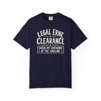 Navy colored Legal Erne pickleball t-shirt with bold Legal Erne Clearance typography and court-line styling.