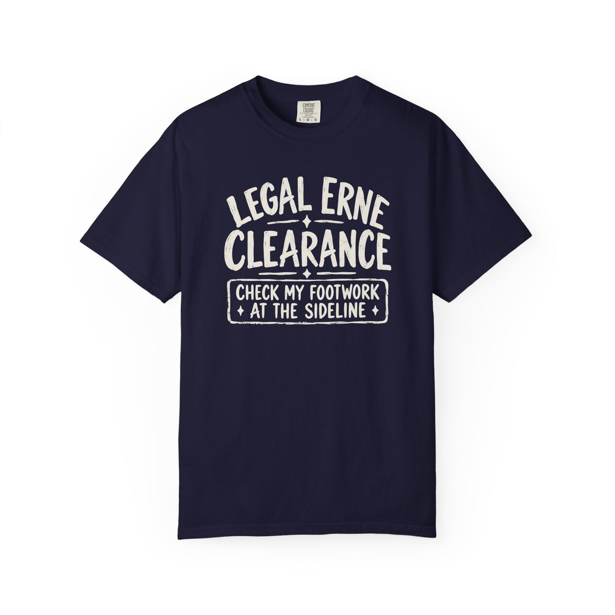 Navy colored Legal Erne pickleball t-shirt with bold Legal Erne Clearance typography and court-line styling.