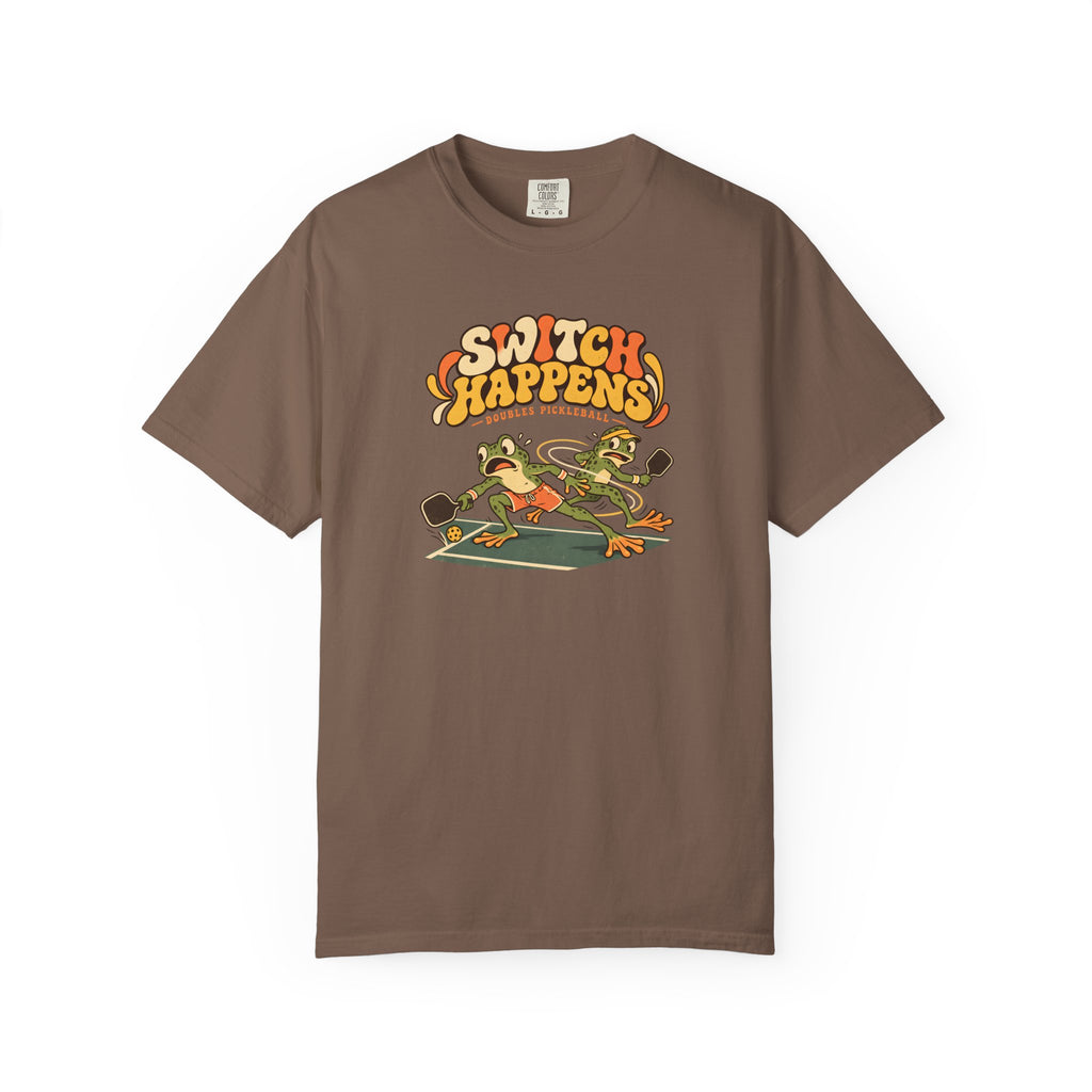 Espresso colored Switch Happens pickleball t-shirt with colorful retro court graphic and bold curved lettering.