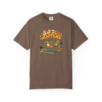 Espresso colored Switch Happens pickleball t-shirt with colorful retro court graphic and bold curved lettering.