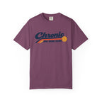 Berry colored Chronic Retro pickleball t-shirt with vintage script lettering and multicolor retro stripe.