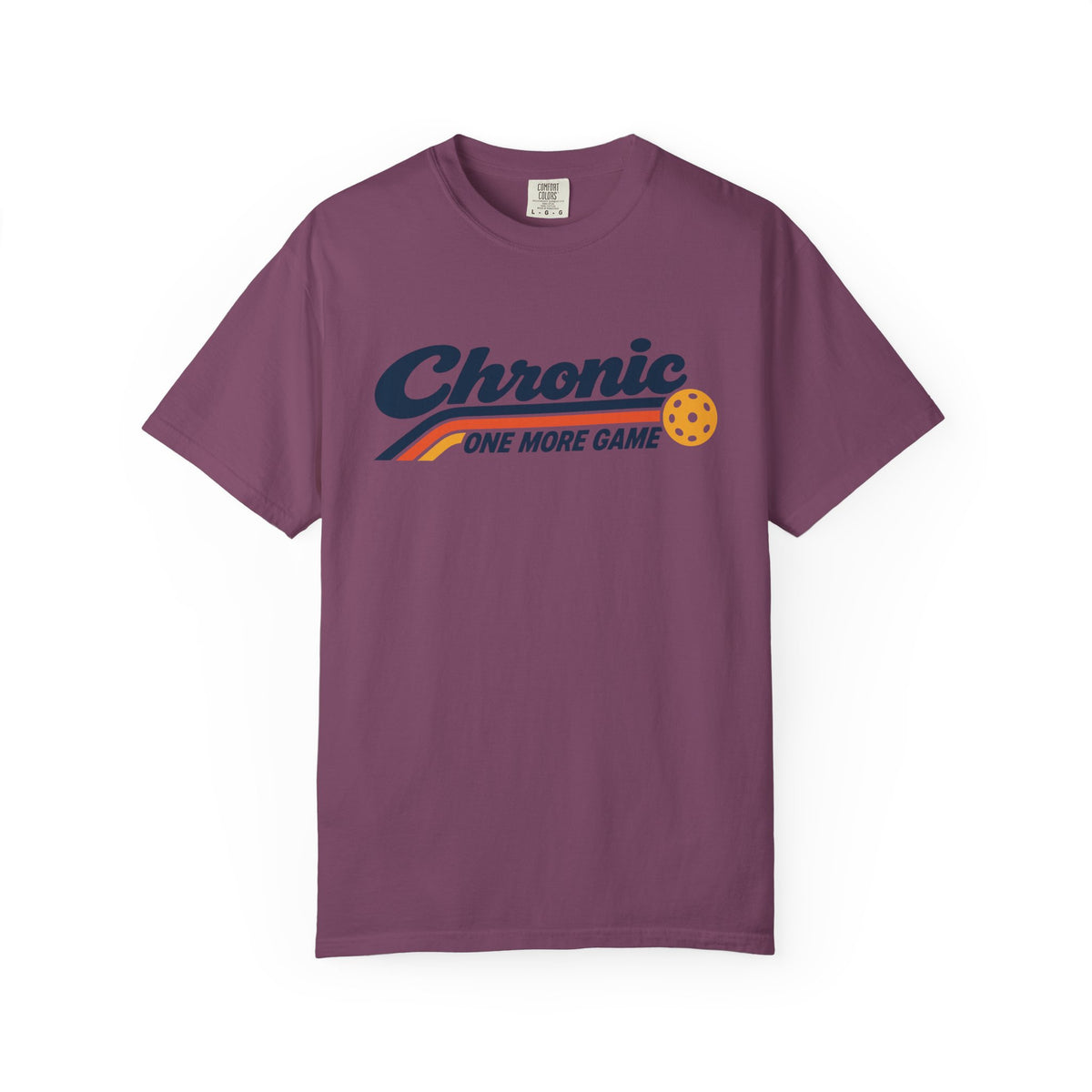 Berry colored Chronic Retro pickleball t-shirt with vintage script lettering and multicolor retro stripe.