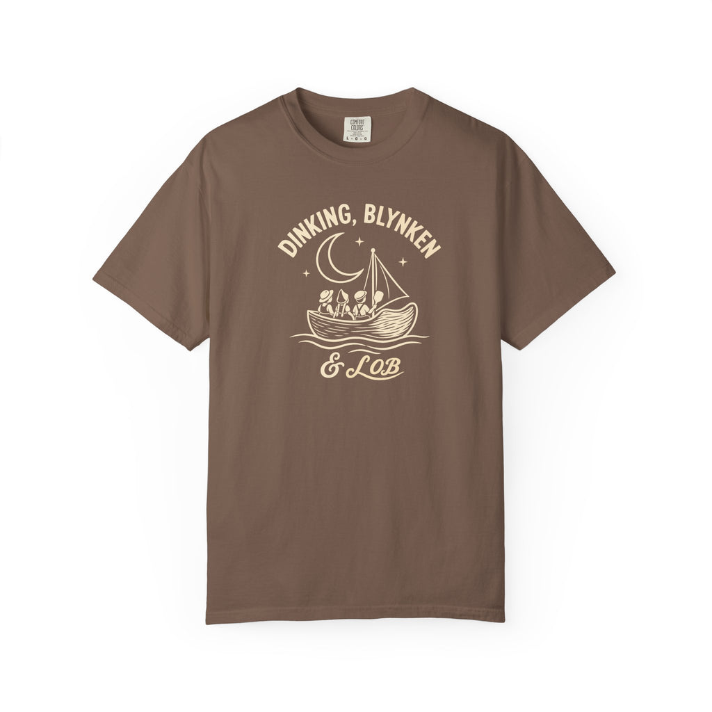 Espresso colored Dinking, Blynken & Lob pickleball t-shirt with vintage moon-themed illustration and curved lettering.