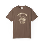 Espresso colored Dinking, Blynken & Lob pickleball t-shirt with vintage moon-themed illustration and curved lettering.