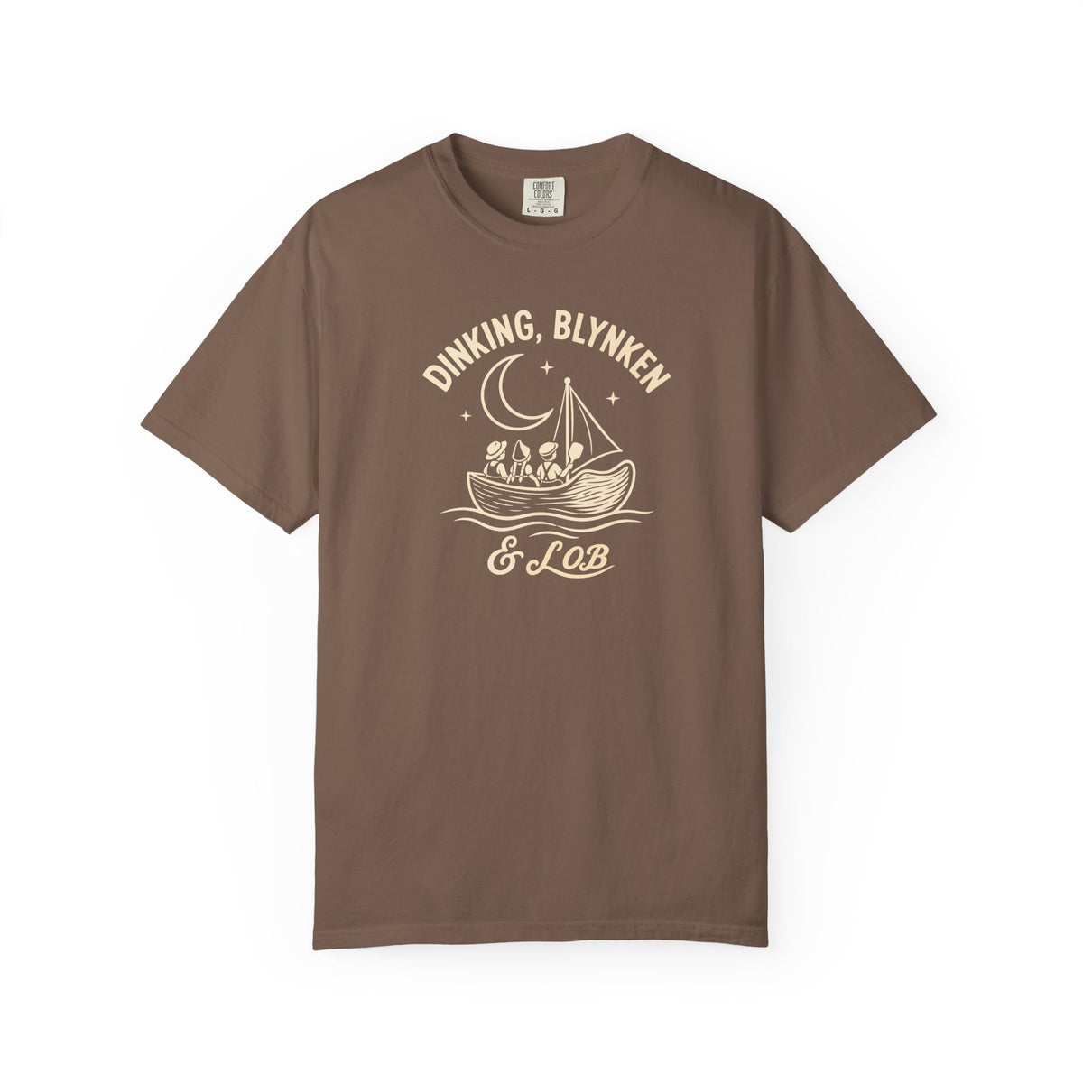 Espresso colored Dinking, Blynken & Lob pickleball t-shirt with vintage moon-themed illustration and curved lettering.