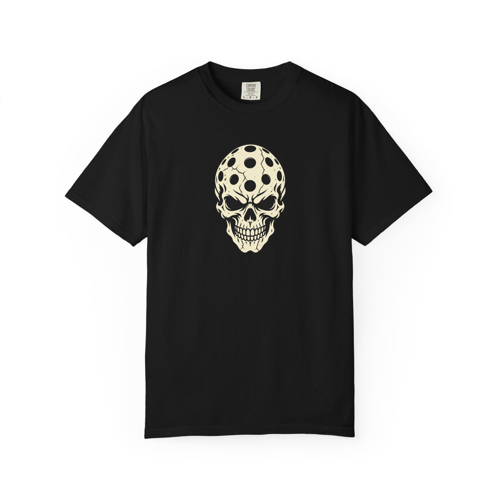 Black colored Pickleball Skull t-shirt with skull illustration featuring perforated pickleball details.
