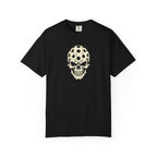 Black colored Pickleball Skull t-shirt with skull illustration featuring perforated pickleball details.