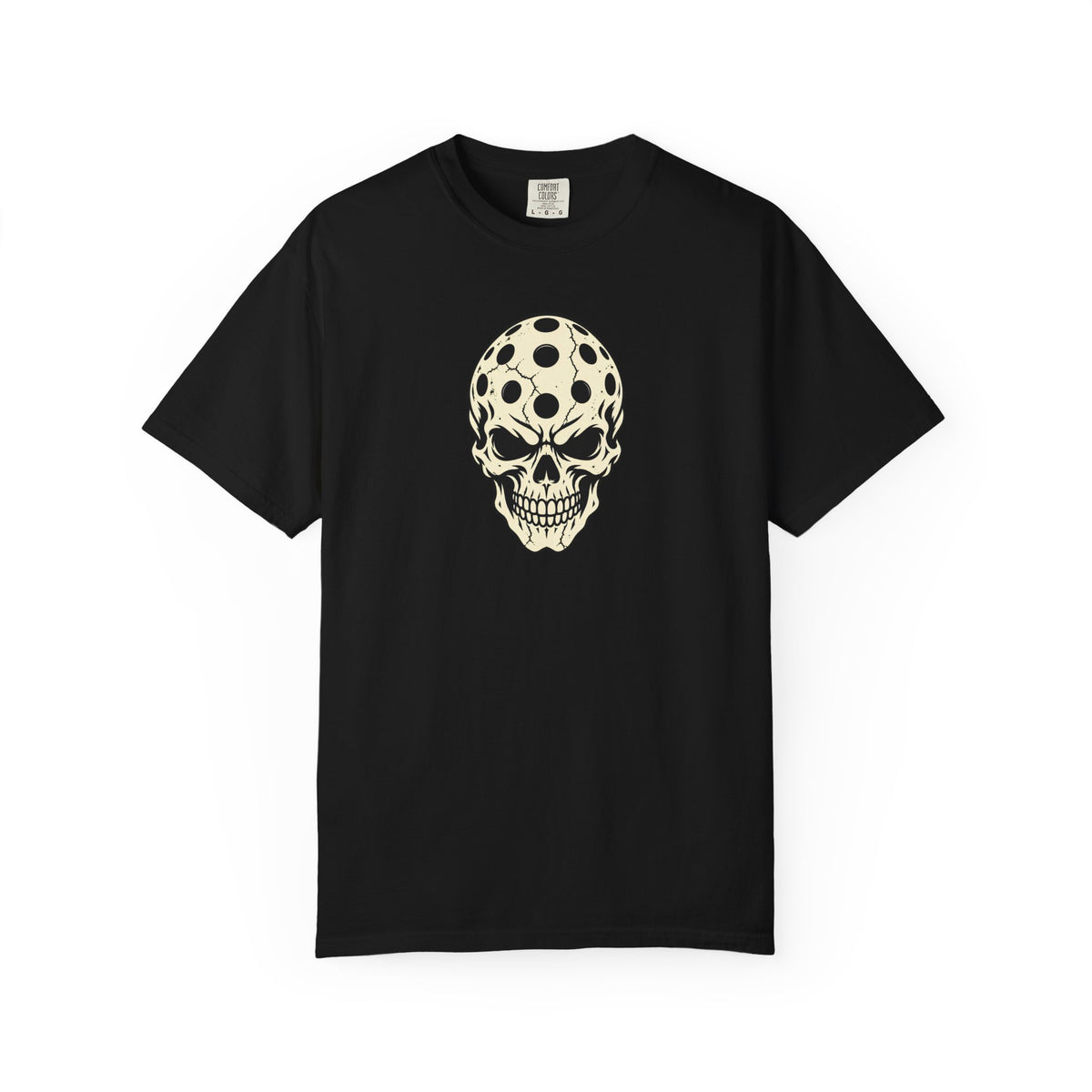 Black colored Pickleball Skull t-shirt with skull illustration featuring perforated pickleball details.