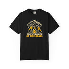 Black colored Chance Of Pickleball t-shirt with weather-forecast-inspired graphic and yellow retro lettering.