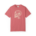 Watermelon colored Pickleball On The Brain t-shirt with skull illustration and pickleball-themed head graphic.