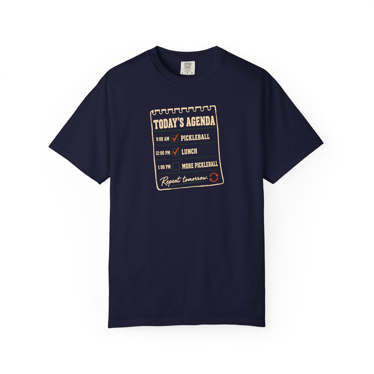 Navy colored Today's Agenda pickleball t-shirt with framed checklist-style pickleball graphic and vintage typography.