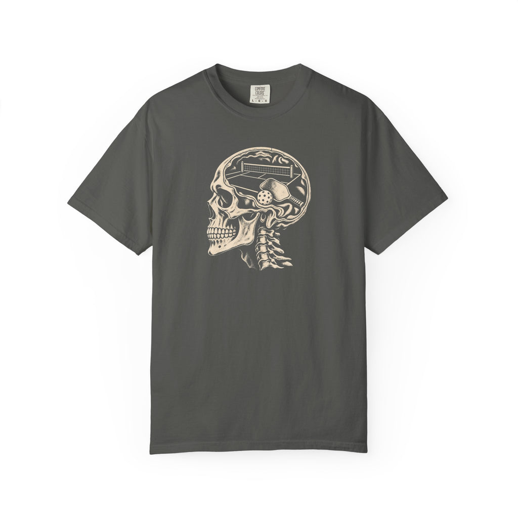 Pepper colored Pickleball On The Brain t-shirt with skull illustration and pickleball-themed head graphic.