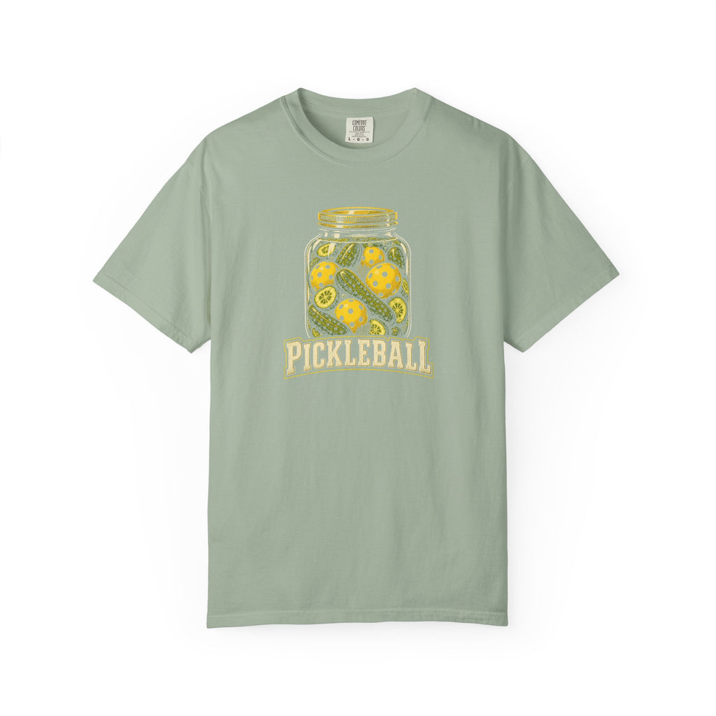 Sage colored Pickleball Jar t-shirt with illustrated jar of pickleballs and bold vintage typography.