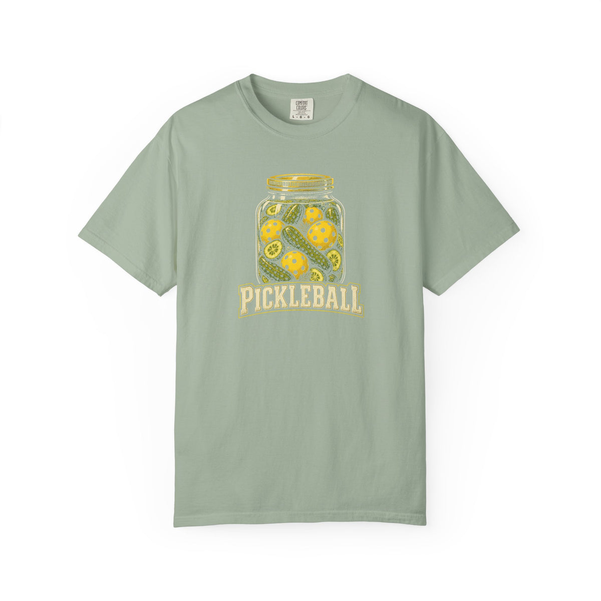 Sage colored Pickleball Jar t-shirt with illustrated jar of pickleballs and bold vintage typography.