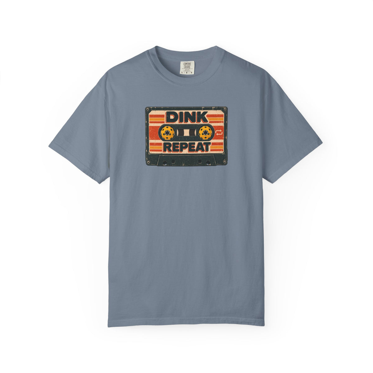 Blue-gray colored Dink. Repeat. pickleball t-shirt with orange-and-black retro badge-style typography.
