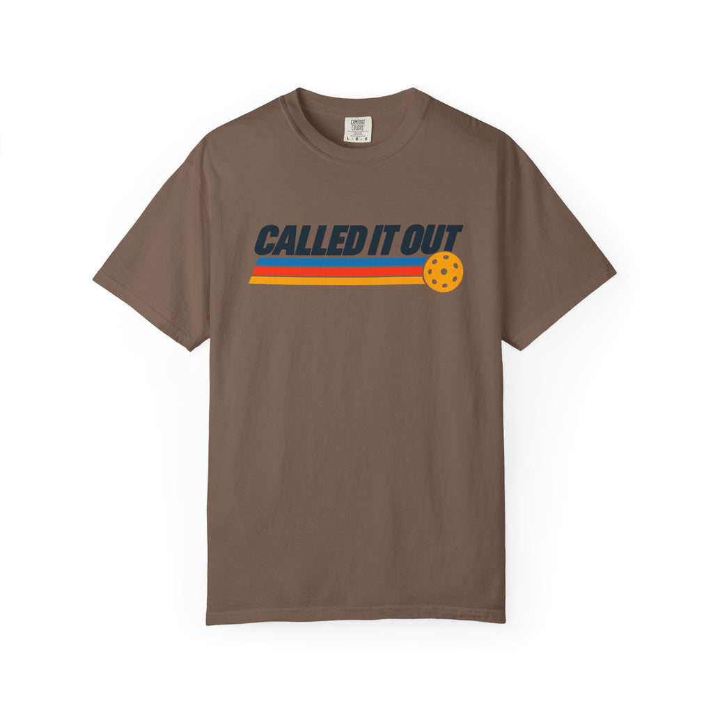 Espresso colored Called It Out pickleball t-shirt with bold retro lettering and yellow pickleball accent.