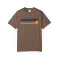 Espresso colored Called It Out pickleball t-shirt with bold retro lettering and yellow pickleball accent.
