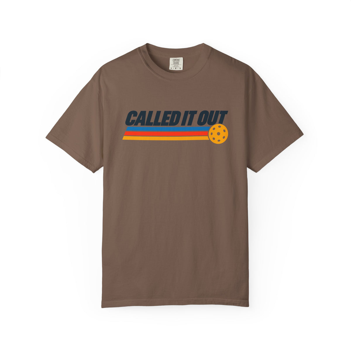 Espresso colored Called It Out pickleball t-shirt with bold retro lettering and yellow pickleball accent.