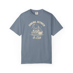 Blue-gray colored Dinking, Blynken & Lob pickleball t-shirt with vintage moon-themed illustration and curved lettering.