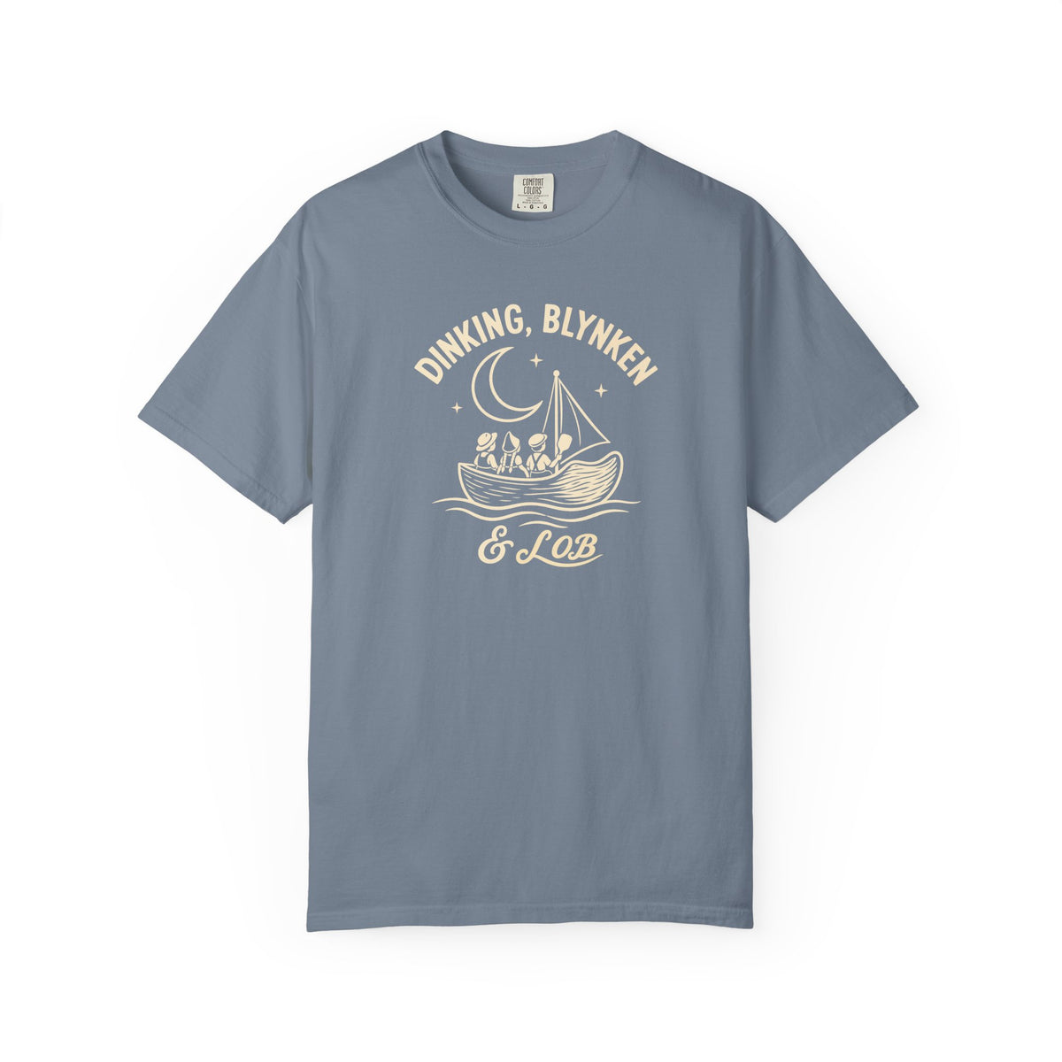 Blue-gray colored Dinking, Blynken & Lob pickleball t-shirt with vintage moon-themed illustration and curved lettering.