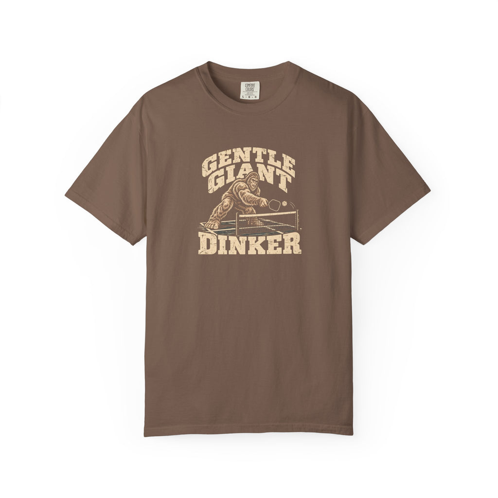 Espresso colored Gentle Giant pickleball t-shirt with distressed cream vintage typography.