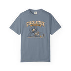 Blue-gray colored Stack Attack pickleball t-shirt with distressed cream lettering and pickleball strategy graphic.