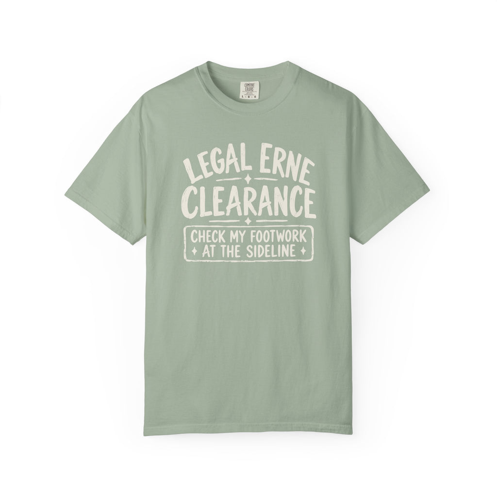 Sage colored Legal Erne pickleball t-shirt with bold Legal Erne Clearance typography and court-line styling.