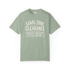 Sage colored Legal Erne pickleball t-shirt with bold Legal Erne Clearance typography and court-line styling.