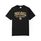 Black colored Pickleball On Repeat pickleball t-shirt with warm retro varsity-style typography.