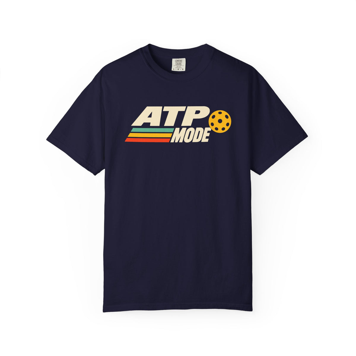 Navy colored Retro ATP pickleball t-shirt with bold ATP lettering, retro speed stripes, and yellow pickleball accent.