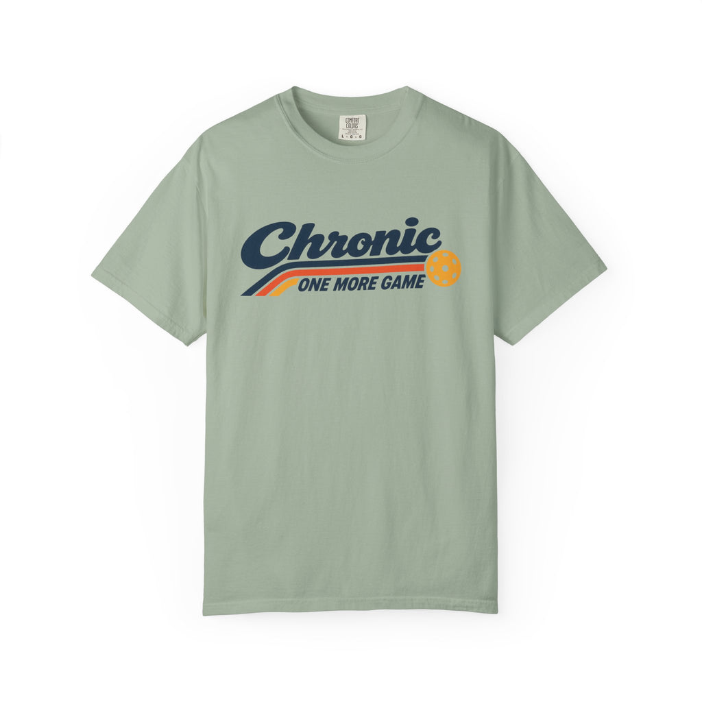 Sage colored Chronic Retro pickleball t-shirt with vintage script lettering and multicolor retro stripe.