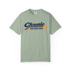 Sage colored Chronic Retro pickleball t-shirt with vintage script lettering and multicolor retro stripe.