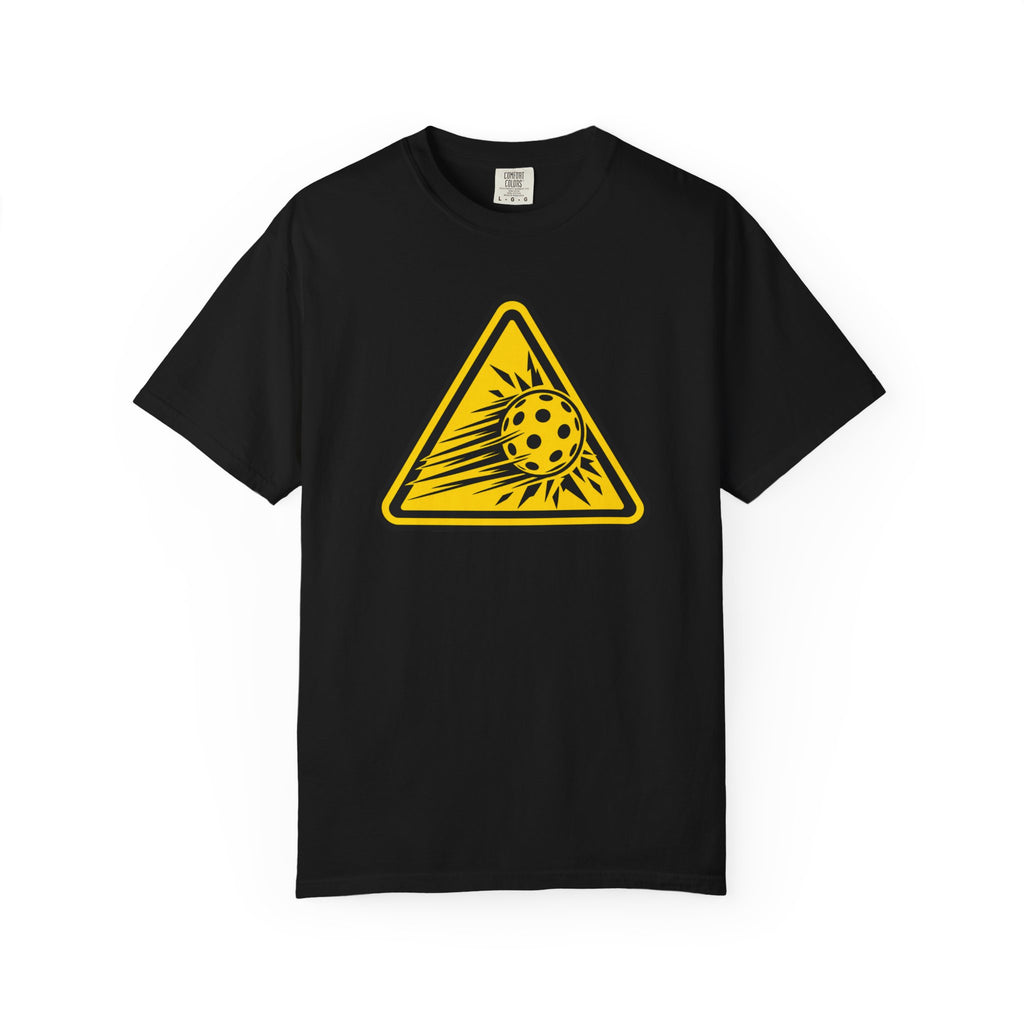 Black Caution High Speed pickleball T-shirt with yellow speeding pickleball warning graphic