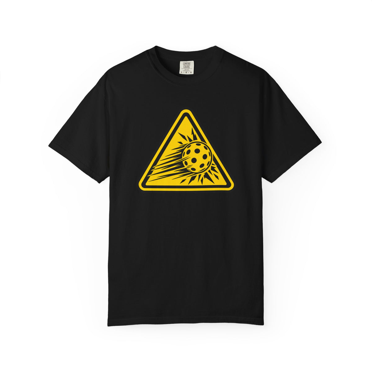 Black Caution High Speed pickleball T-shirt with yellow speeding pickleball warning graphic