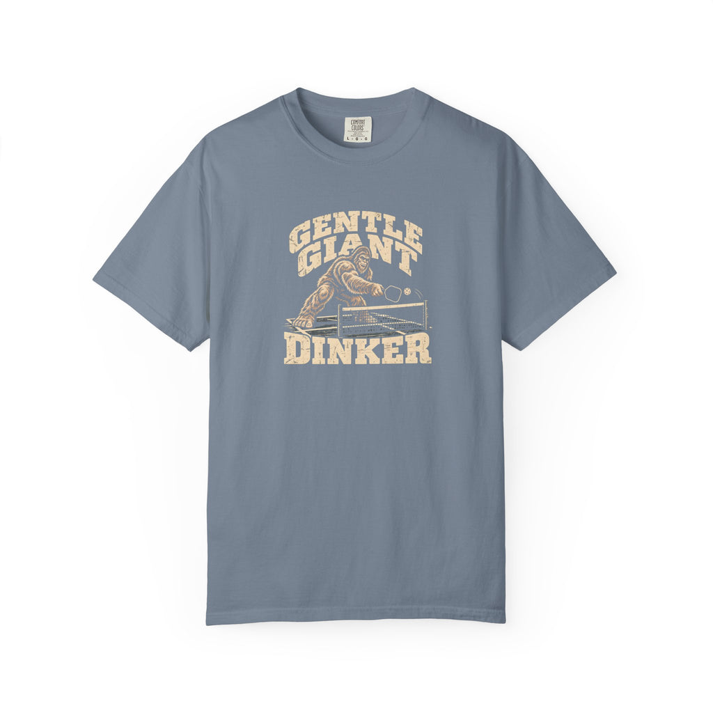 Blue-gray colored Gentle Giant pickleball t-shirt with distressed cream vintage typography.
