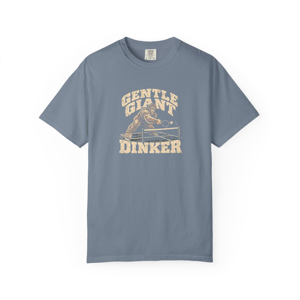 Blue-gray colored Gentle Giant pickleball t-shirt with distressed cream vintage typography.