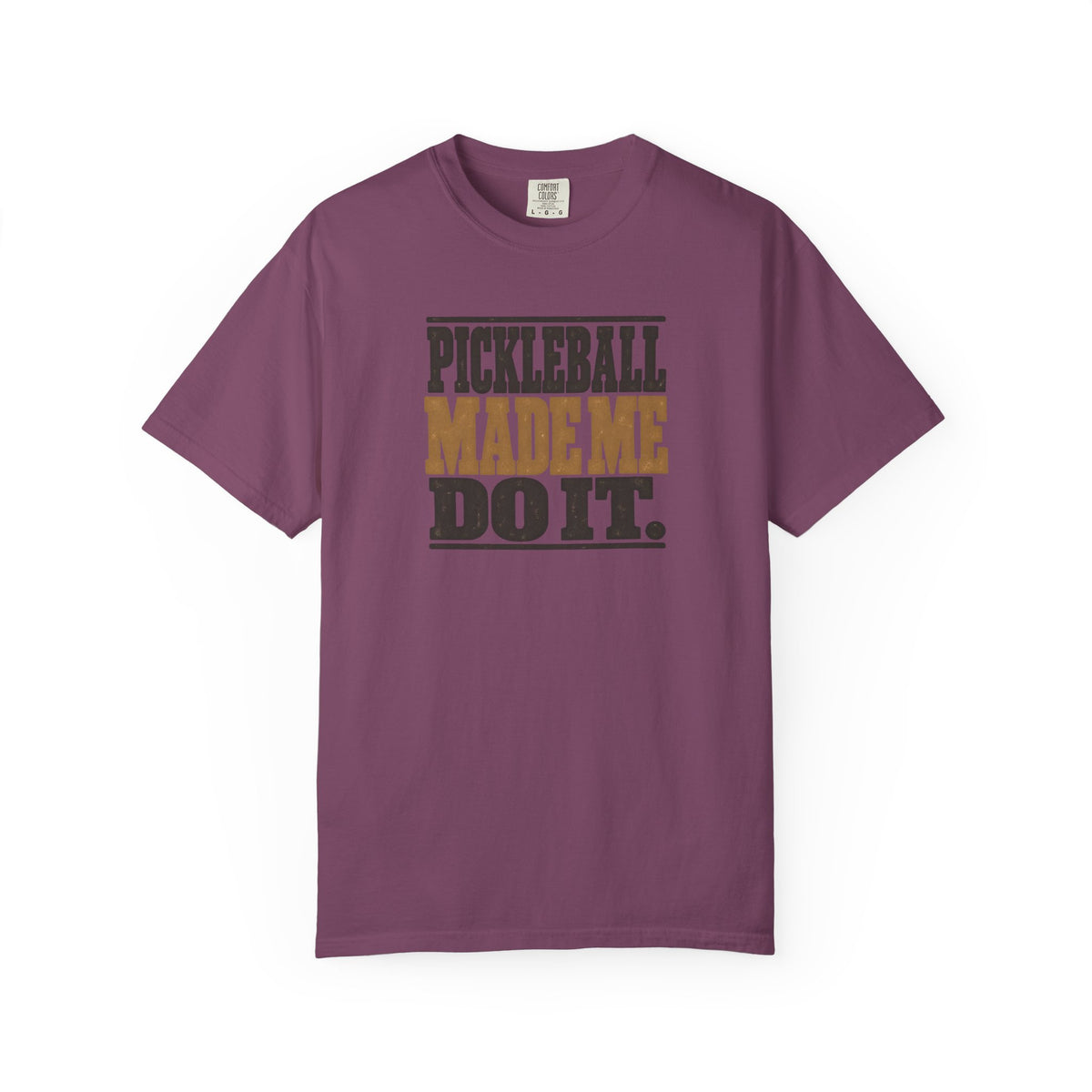 Berry colored Pickleball Made Me Do It t-shirt with bold distressed retro pickleball typography.