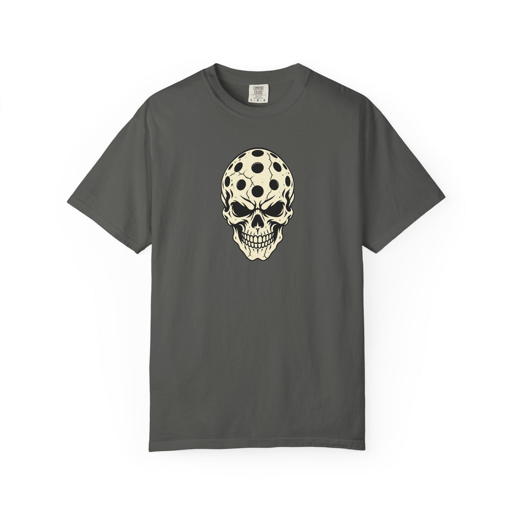 Pepper colored Pickleball Skull t-shirt with skull illustration featuring perforated pickleball details.