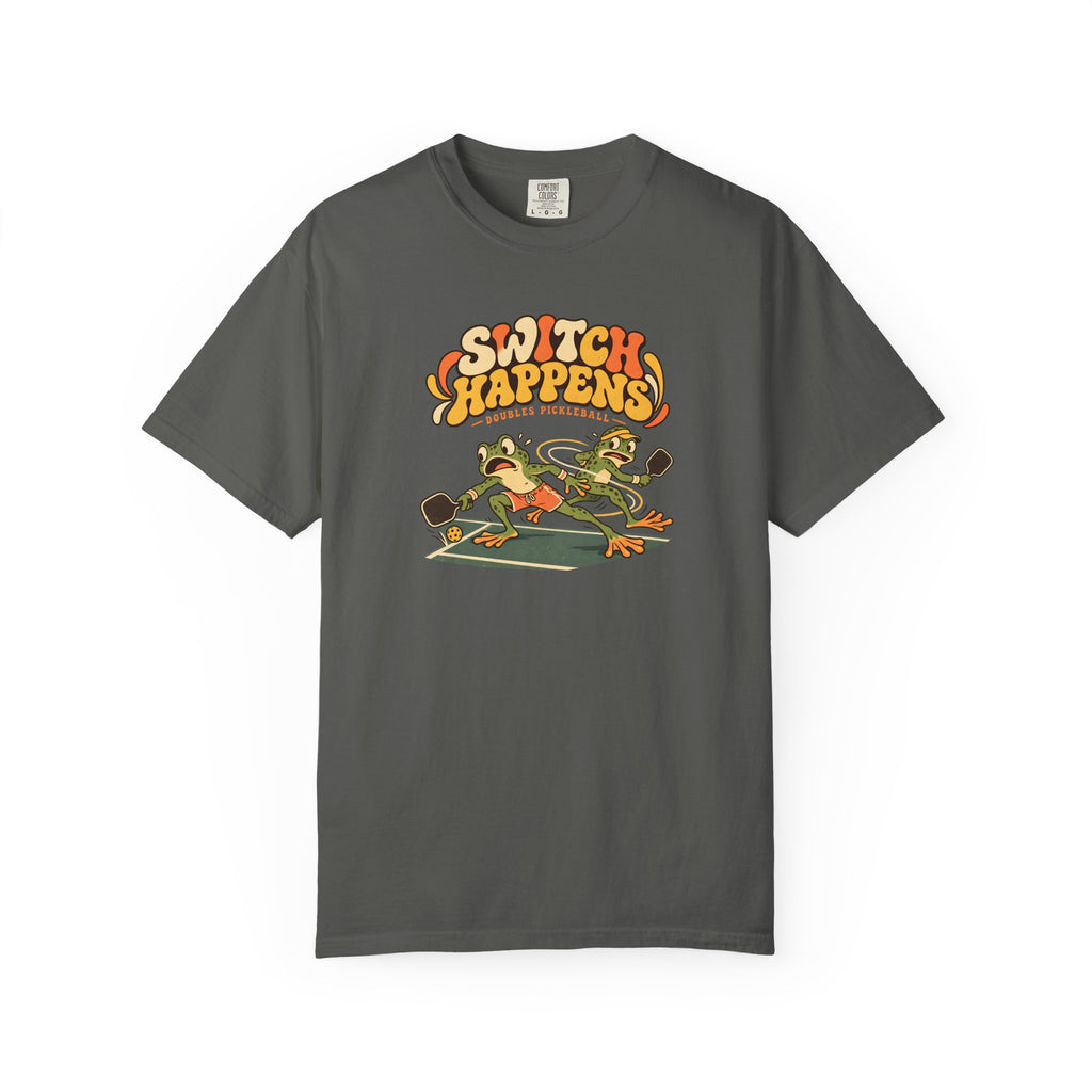 Pepper colored Switch Happens pickleball t-shirt with colorful retro court graphic and bold curved lettering.