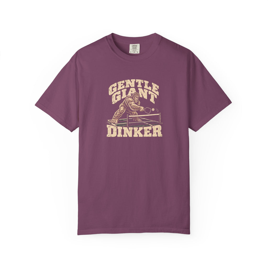 Berry colored Gentle Giant pickleball t-shirt with distressed cream vintage typography.