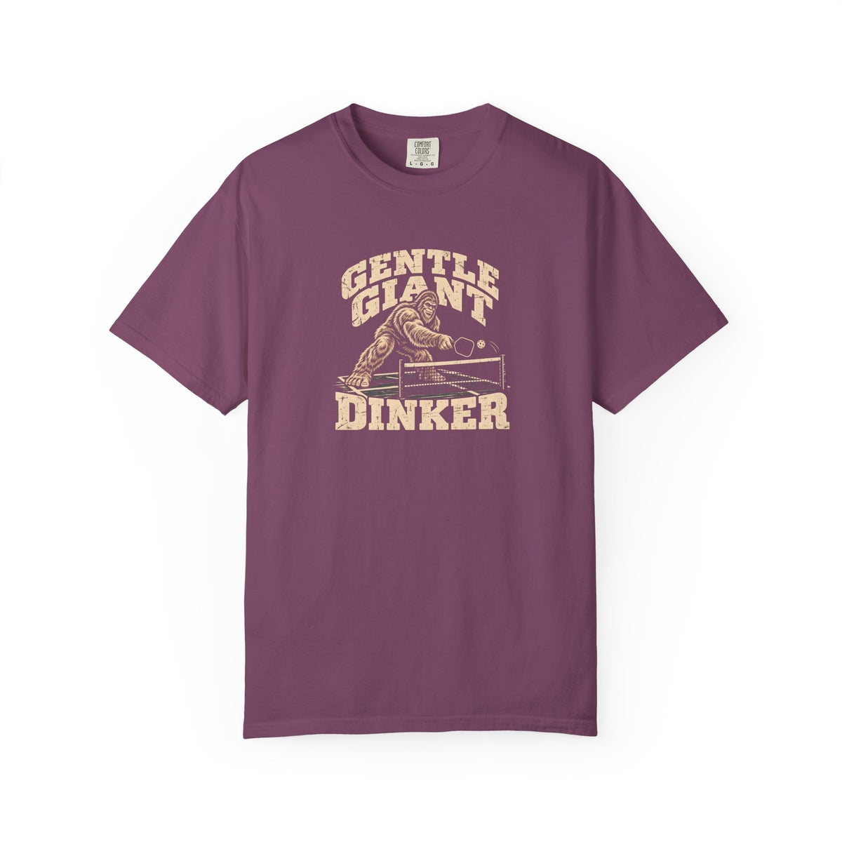 Berry colored Gentle Giant pickleball t-shirt with distressed cream vintage typography.