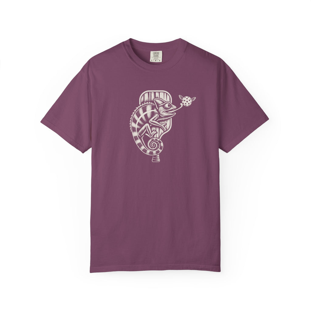 Berry colored Pickleball Chameleon pickleball t-shirt with detailed chameleon and paddle-themed graphic.