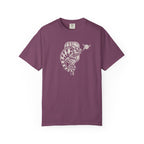 Berry colored Pickleball Chameleon pickleball t-shirt with detailed chameleon and paddle-themed graphic.