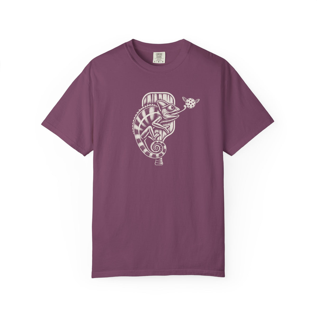 Berry colored Pickleball Chameleon pickleball t-shirt with detailed chameleon and paddle-themed graphic.
