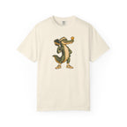 Ivory colored Pickleball Gator pickleball t-shirt with cartoon alligator player holding a paddle.