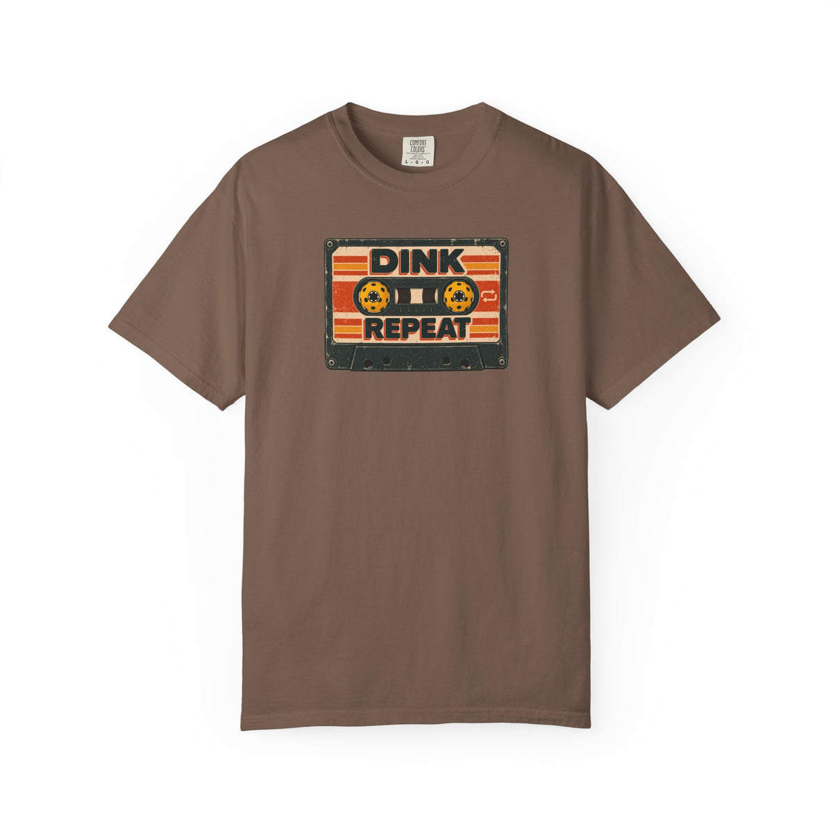 Espresso colored Dink. Repeat. pickleball t-shirt with orange-and-black retro badge-style typography.