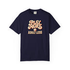 Navy colored Play More Adult Less pickleball t-shirt with playful cream script typography.