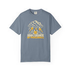Blue-gray colored Chance Of Pickleball t-shirt with weather-forecast-inspired graphic and yellow retro lettering.