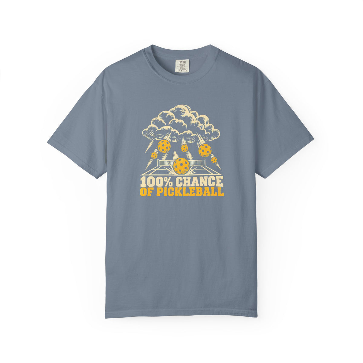 Blue-gray colored Chance Of Pickleball t-shirt with weather-forecast-inspired graphic and yellow retro lettering.