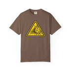 Espresso colored Caution High Speed pickleball T-shirt with yellow speeding pickleball warning graphic